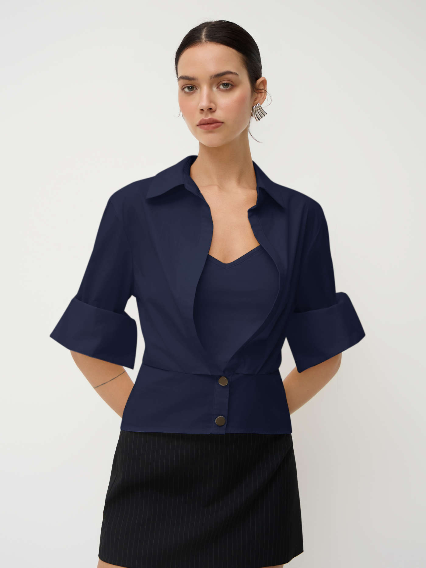 Woven Cotton Collar Mid-length Sleeve Shirt  with Cami Top For Daily Casual Work