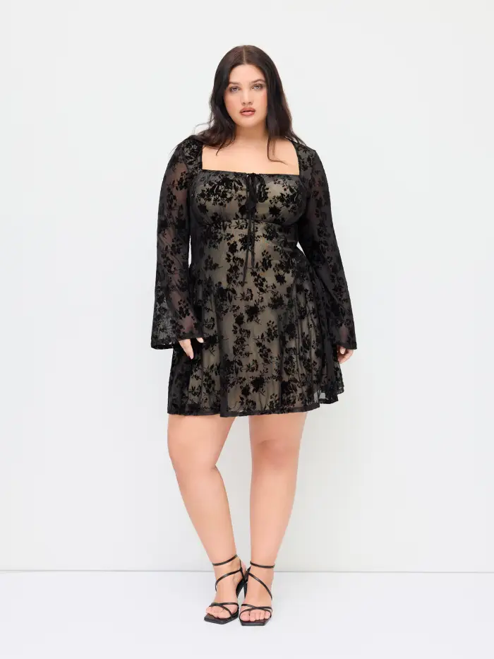 Mesh Square Neck Floral Ruffle Mini Dress Curve & Plus