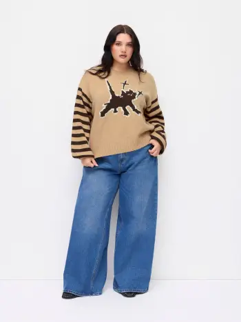 Strick-Rundhals-Oversize-Top mit Katzenstreifen Kurve & Plus