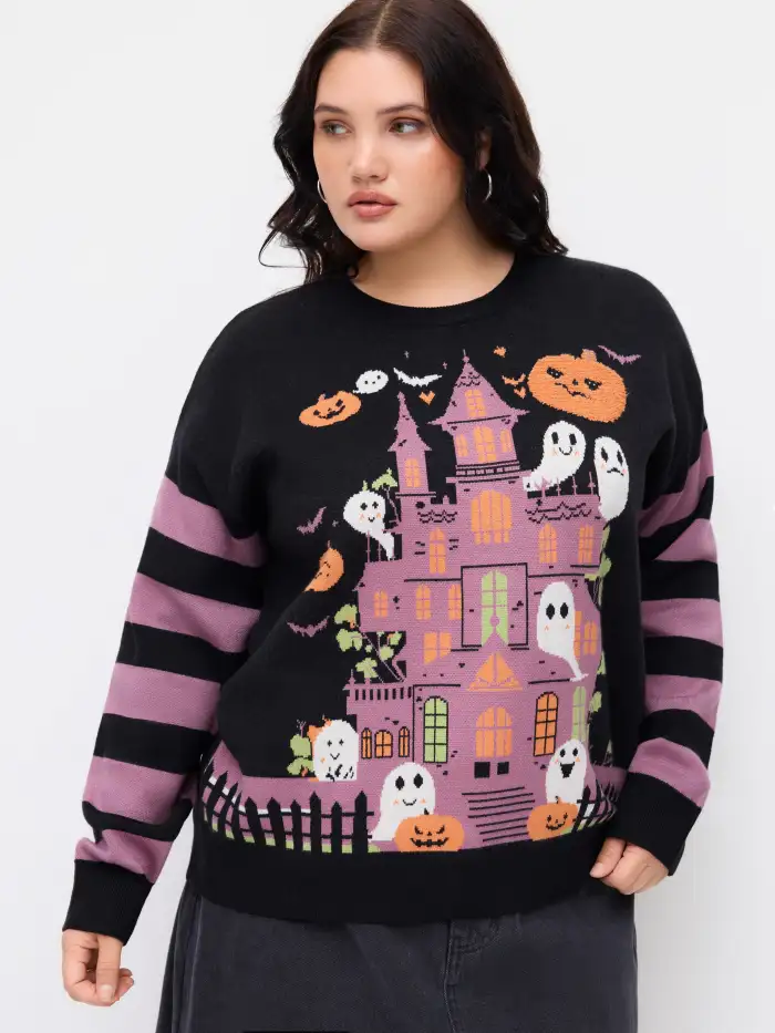 Knit Ghost Pattern Stripe Ripped Oversized Top Curve & Plus