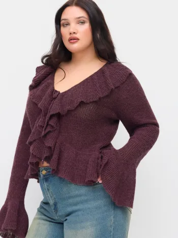 Cardigan Curve & Plus lavorato a maglia con scollo a V in misto mohair, maniche lunghe, nodo sul davanti, balze e spacchi