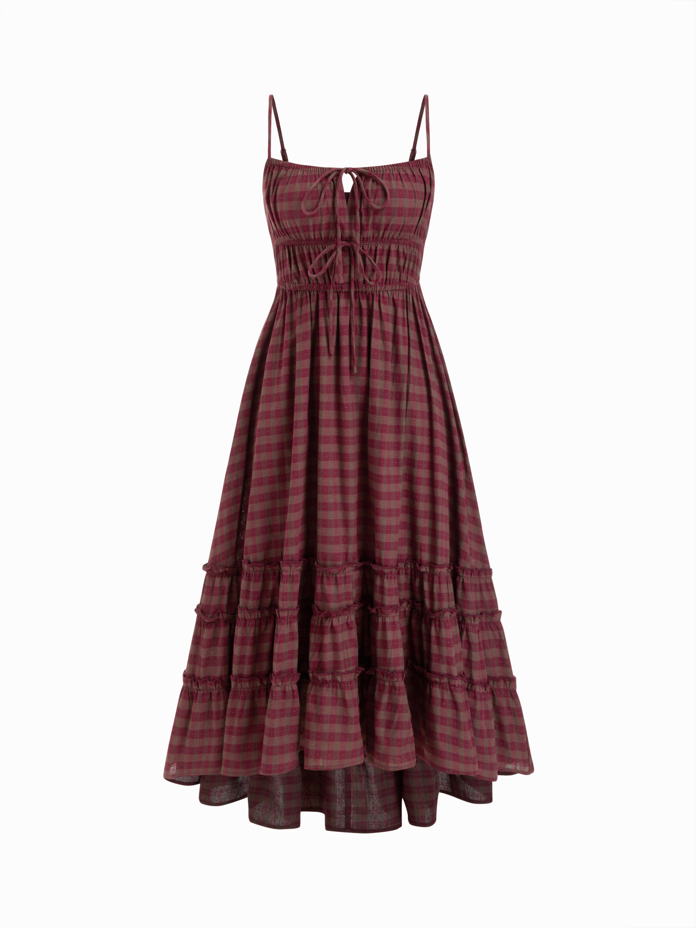 Woven Check Square Neckline Lace Trim Maxi Dress For Daily