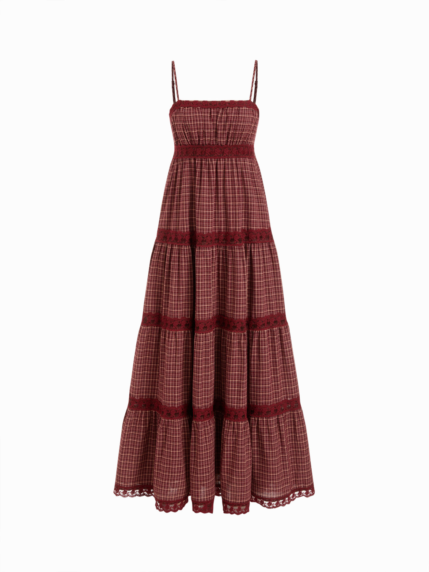Cotton Plaid Square Neck Contrasting Lace Tiered Ruffle Maxi Slip Dress