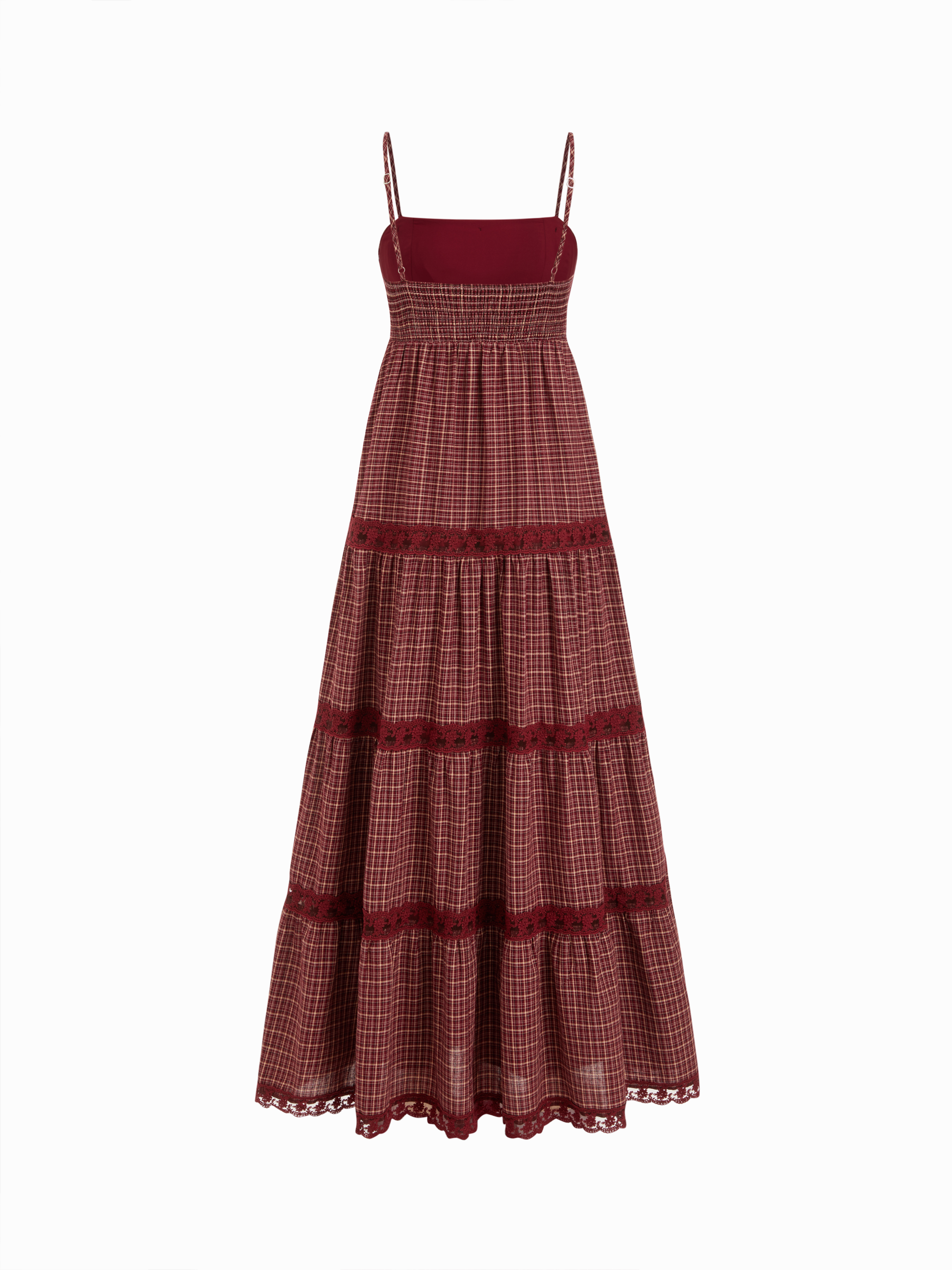 Cotton Plaid Square Neck Contrasting Lace Tiered Ruffle Maxi Slip Dress