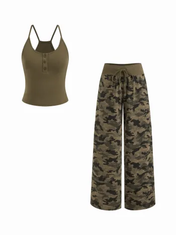 Cotton-Mischung U-Hals-Cami-Top & Mittelhohe Camo-Zugbänder-Strumpfhose Set