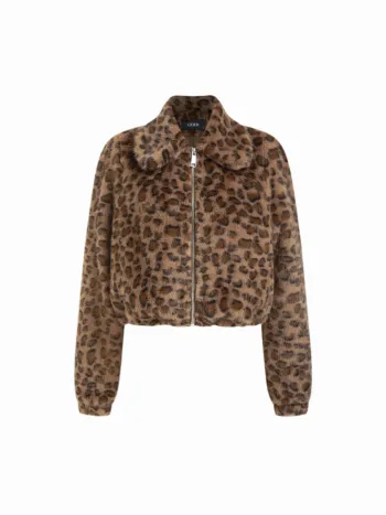 Übersize Crop-Jacke mit gefälschter Pelzkragen und Leopardmuster