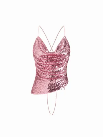 Top Cami con Paillettes, Scollo a V, Allacciatura e Orlo Asimmetrico