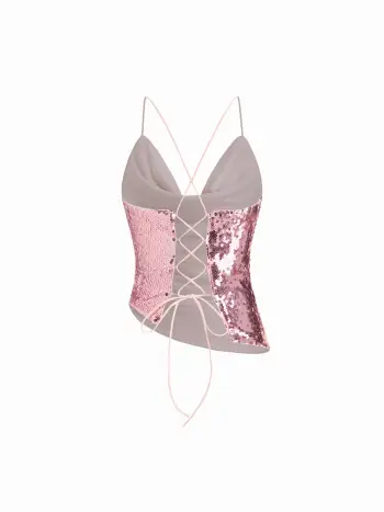 Top Cami con Paillettes, Scollo a V, Allacciatura e Orlo Asimmetrico
