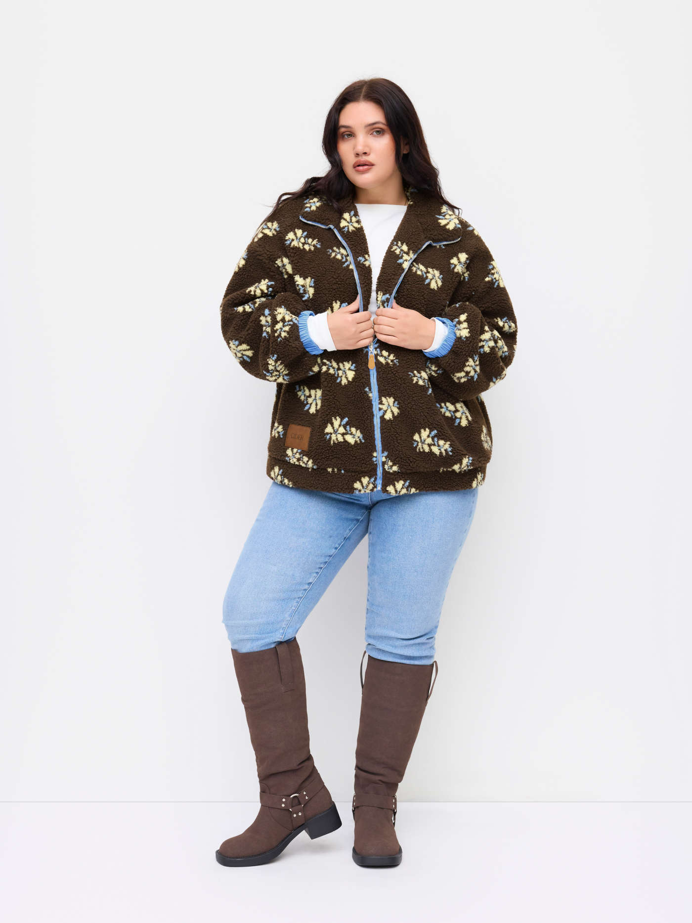 Cider Fleece Floral Zip Through Oversized Jacket Curve & Plus
