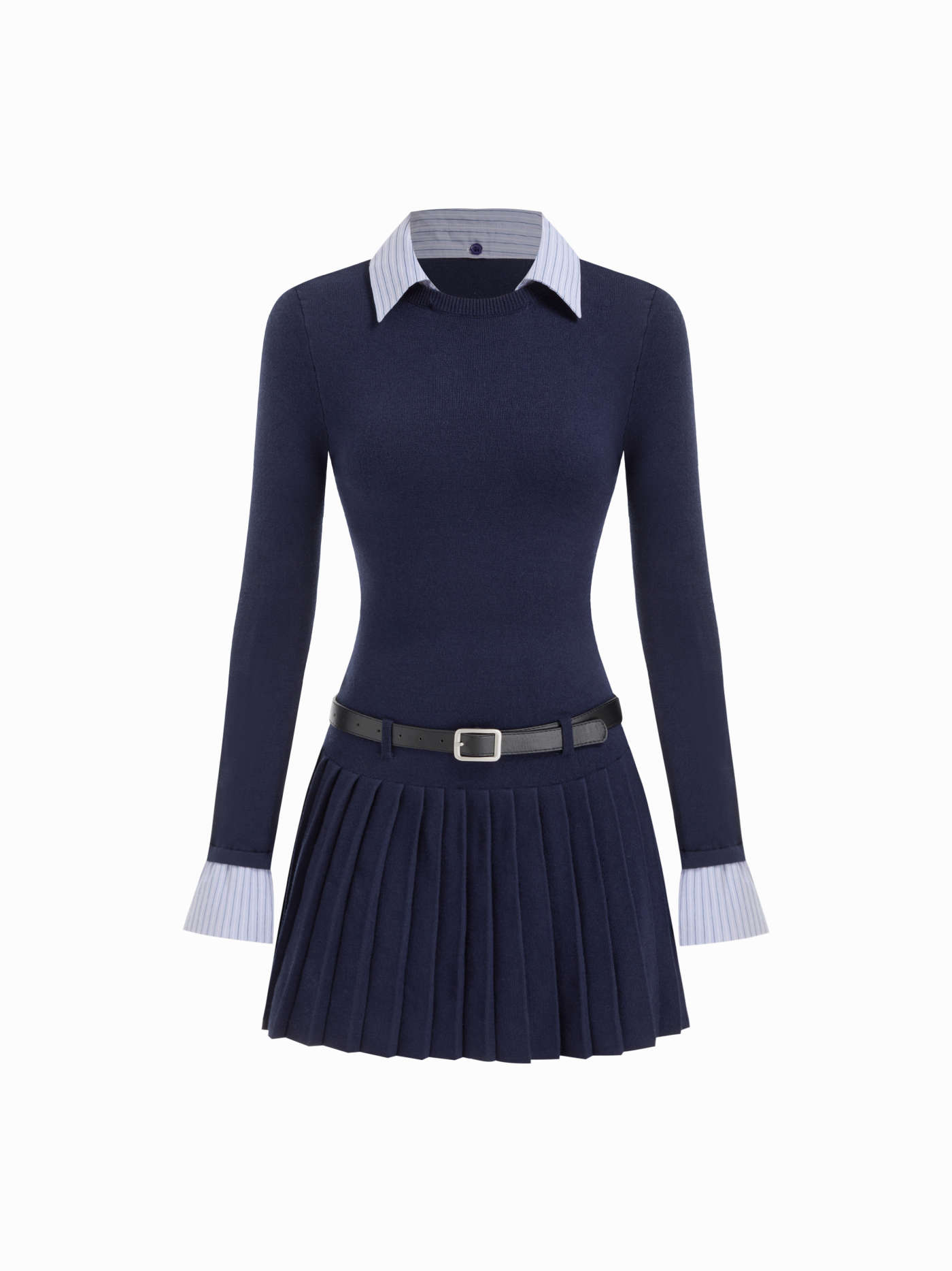 Knit Fabric Collar Belted Pleated Dress