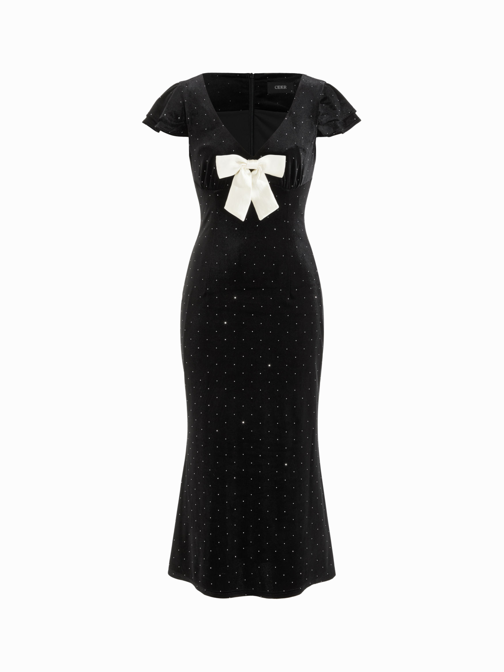 Velvet V-neck Polka Dot Bowknot Rhinestone Mermaid Maxi Dress