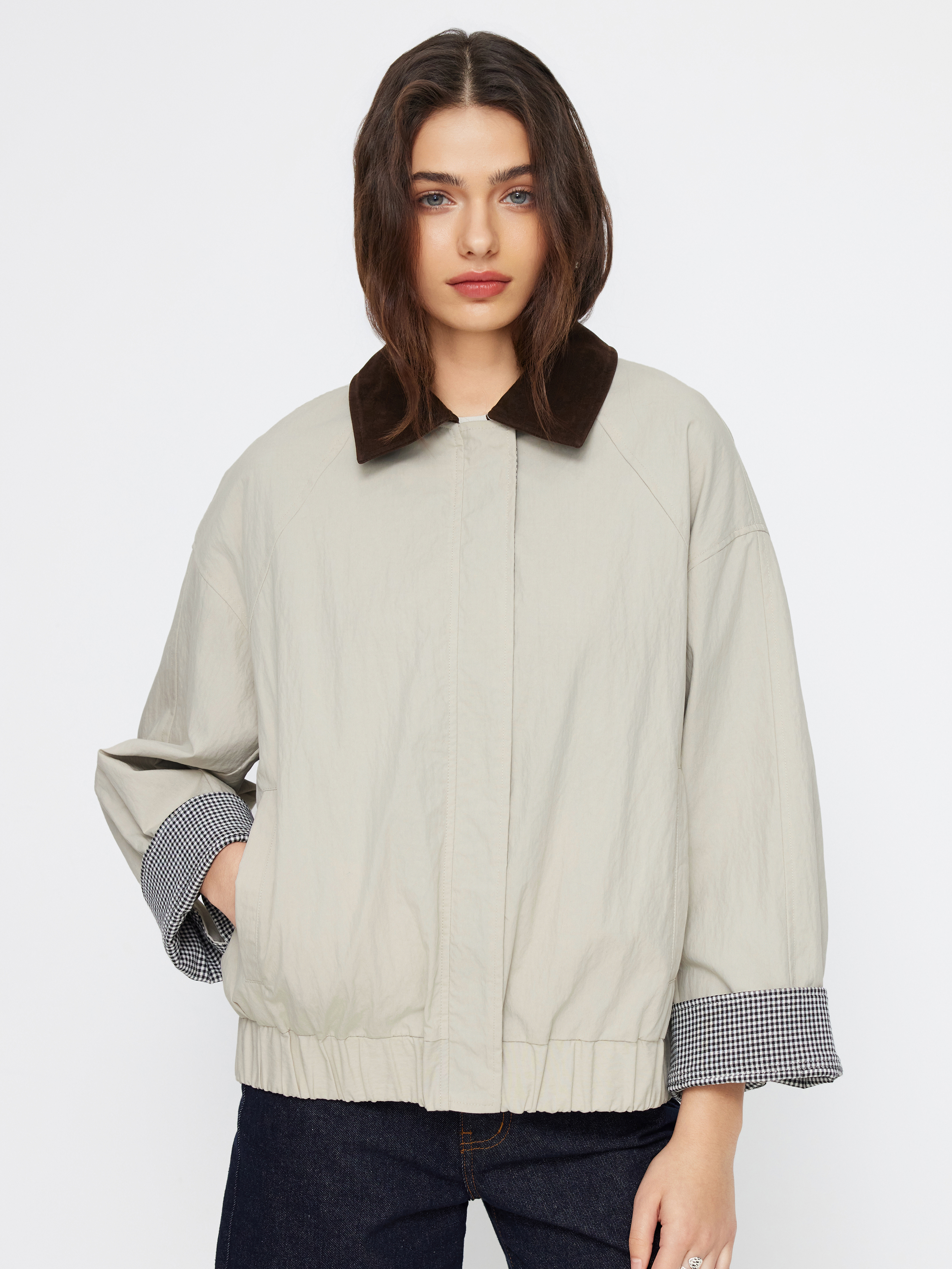 Cotton-Blend Gingham Colorblock Collar Zip Through Oversized Barn Jacket