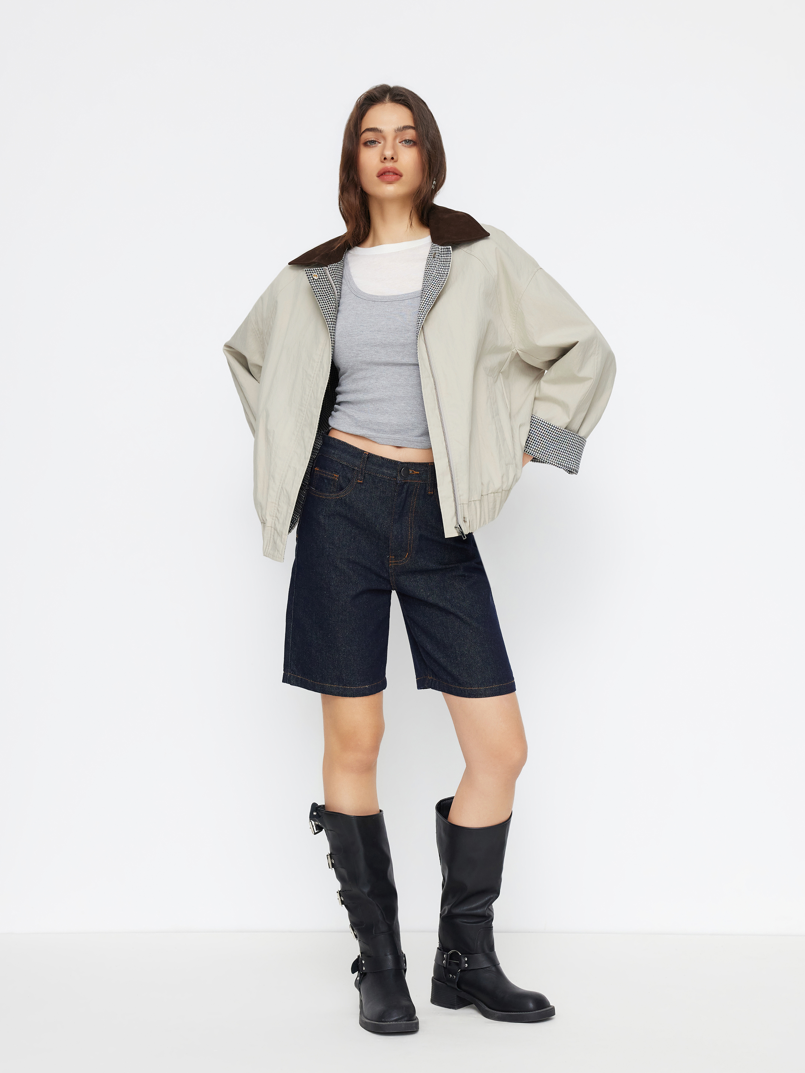 Cotton-Blend Gingham Colorblock Collar Zip Through Oversized Barn Jacket