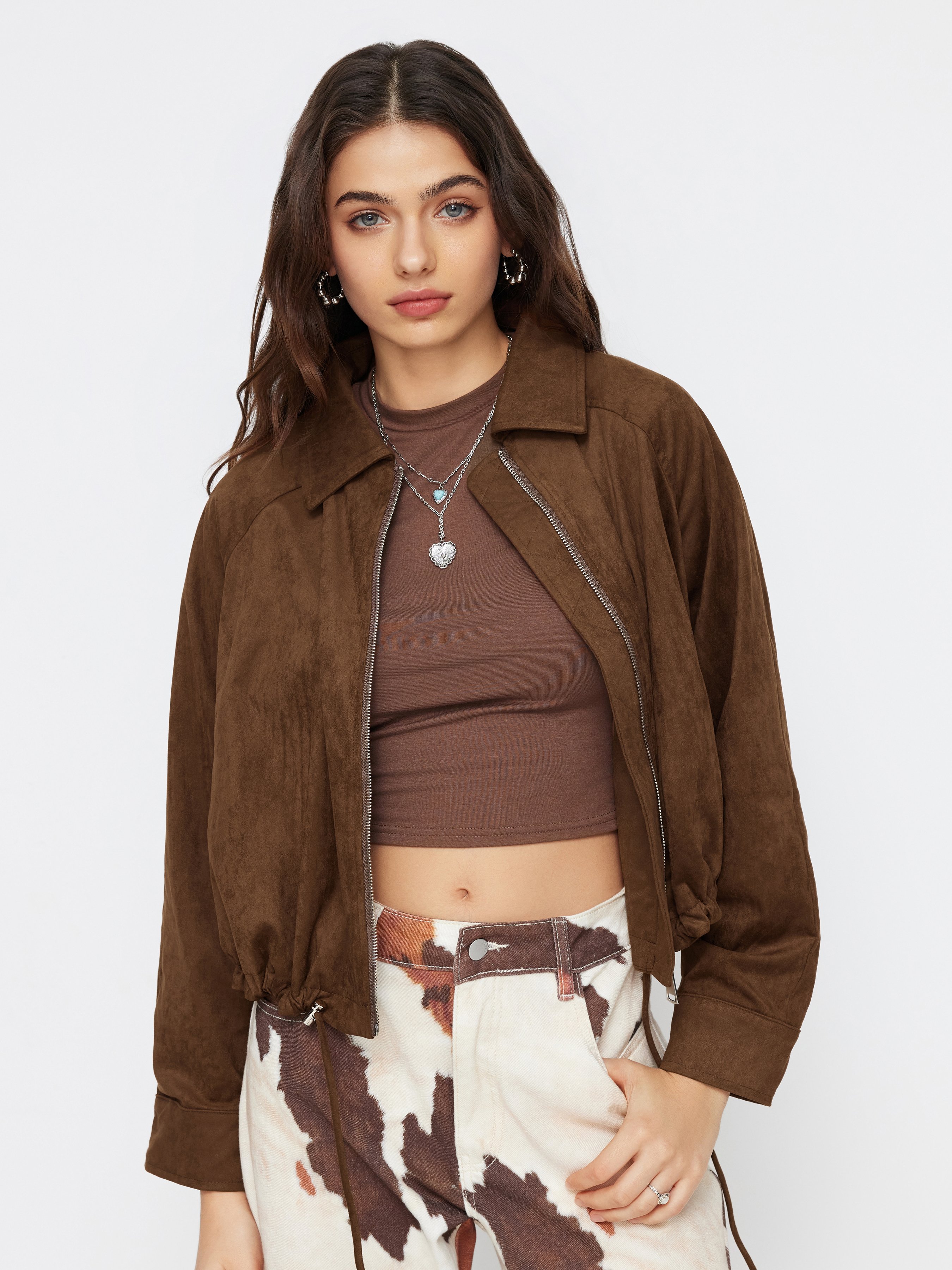 Suede Suede Collar Zip Through Drawstring Oversized Jacket For