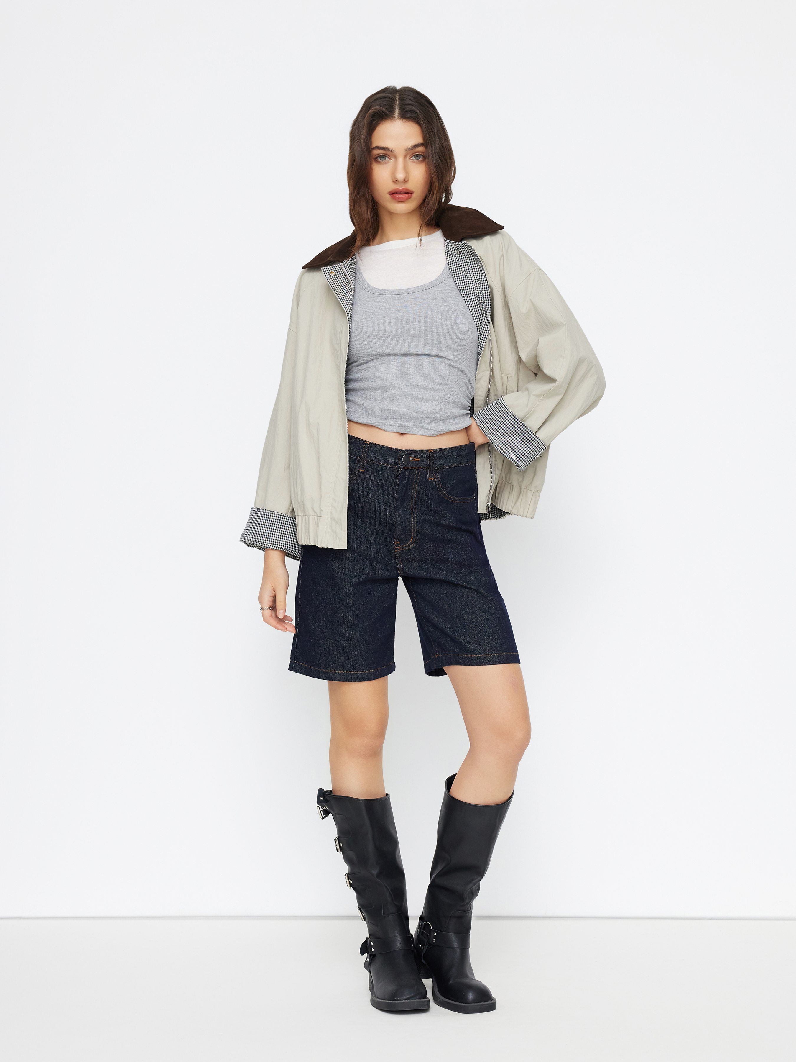 Cotton-Blend Gingham Colorblock Collar Zip Through Oversized Barn Jacket