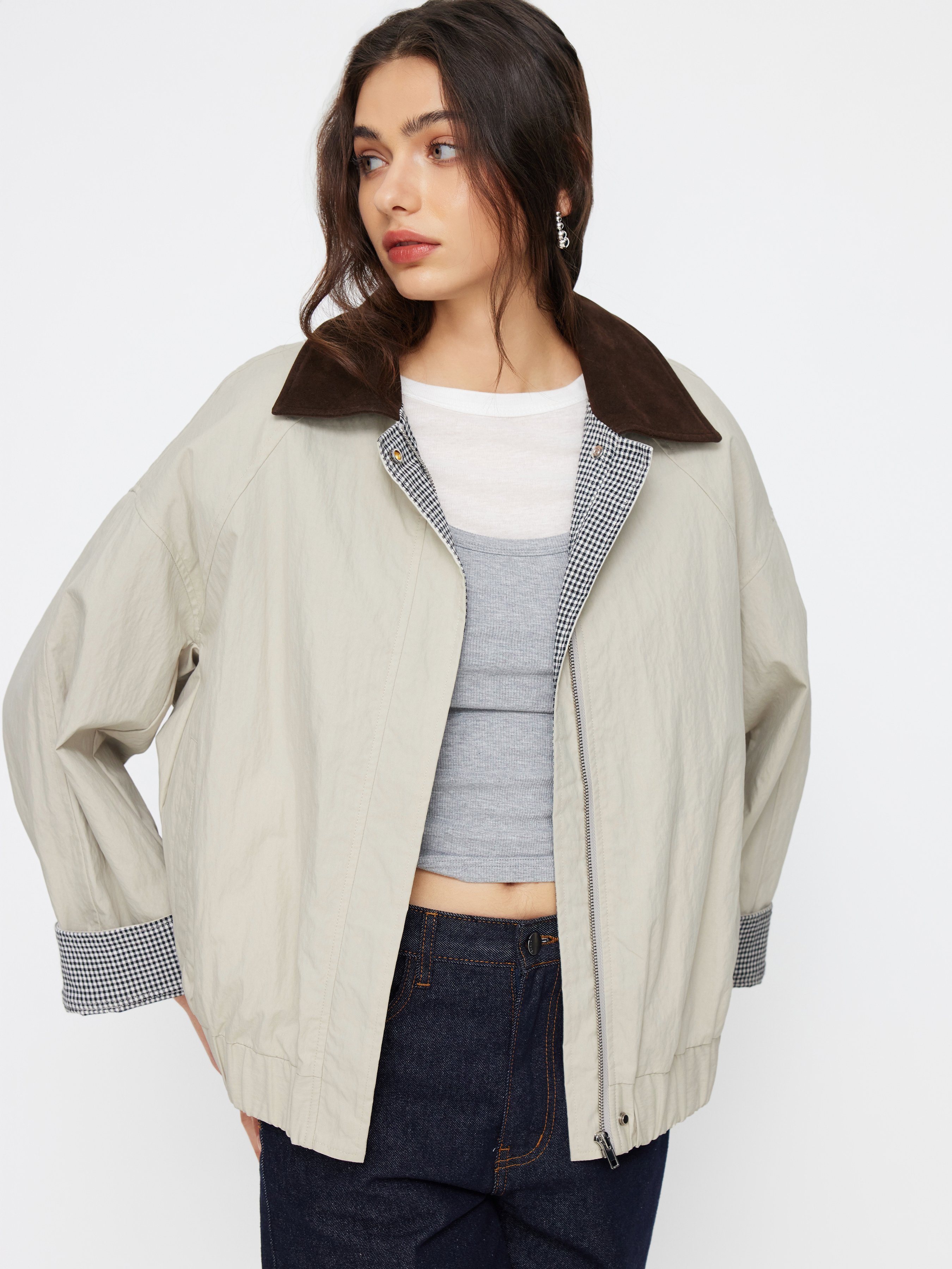 Cotton Reversible Cotton-blend Stand Collar Houndstooth