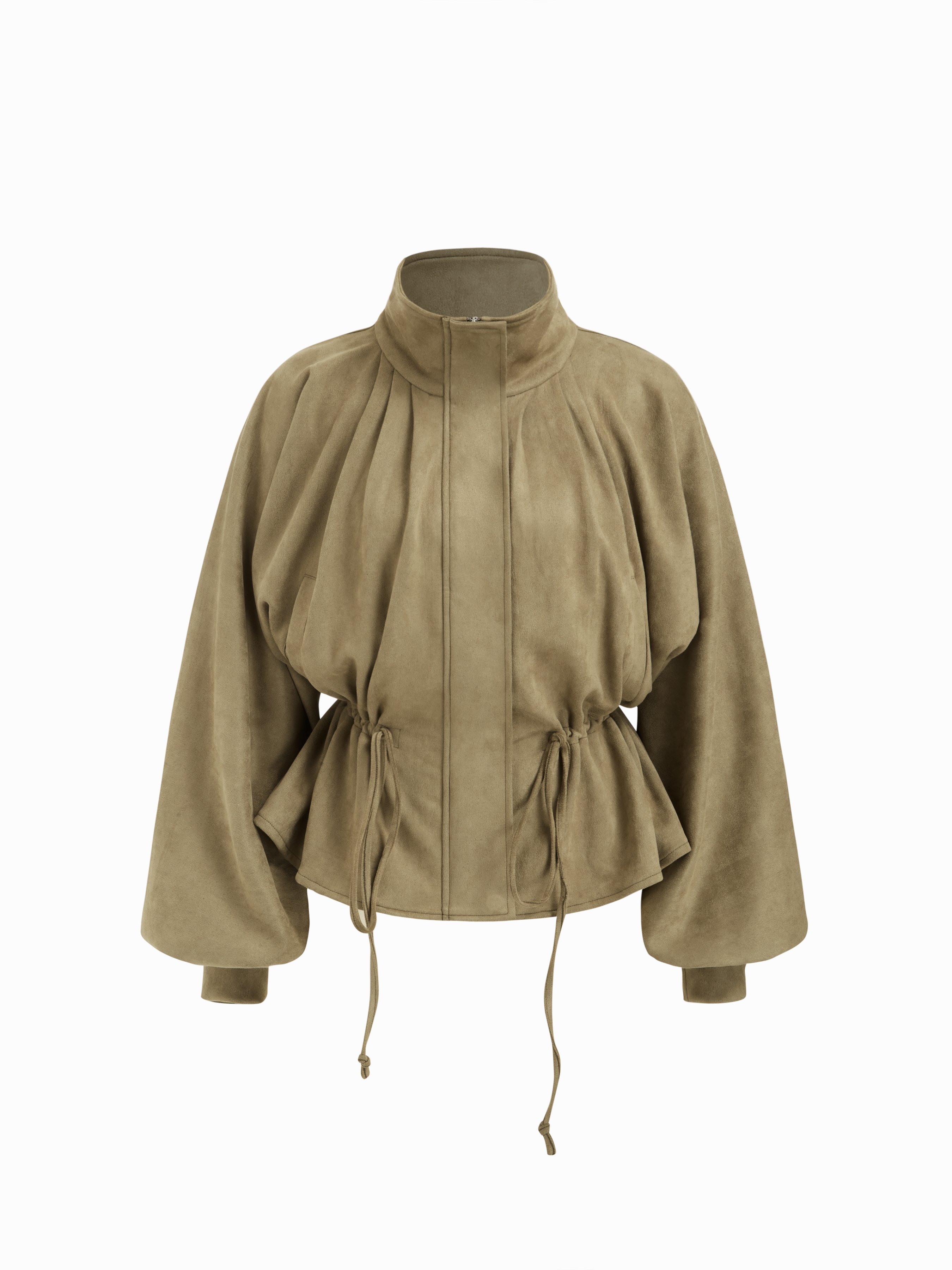 Suede Suede Collar Drawstring Cinched Waist Zip Through Lantern