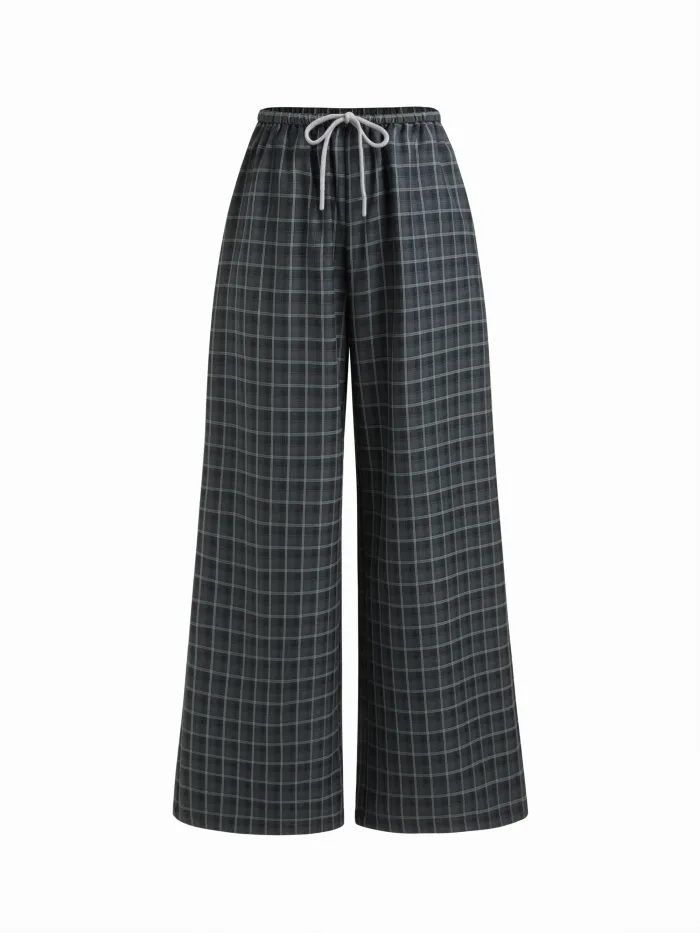 Houndstooth High Waist Belted Wide Leg Trousers