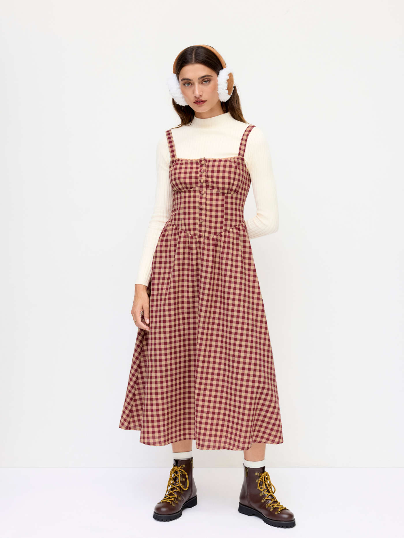 Cotton-blend Square Neck Gingham Maxi Dress