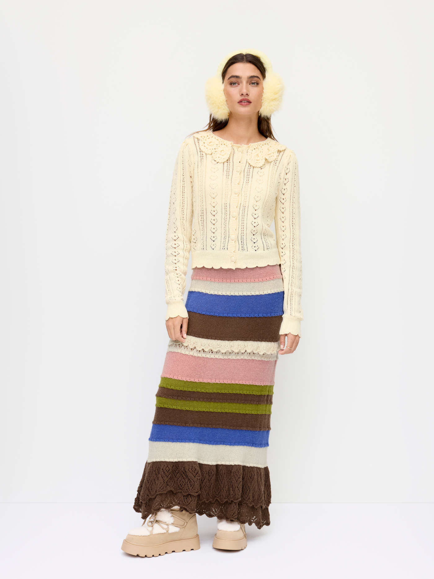 Knit Wool-blend Mid Rise Colorblock Ruffle Layered Mermaid Maxi Skirt