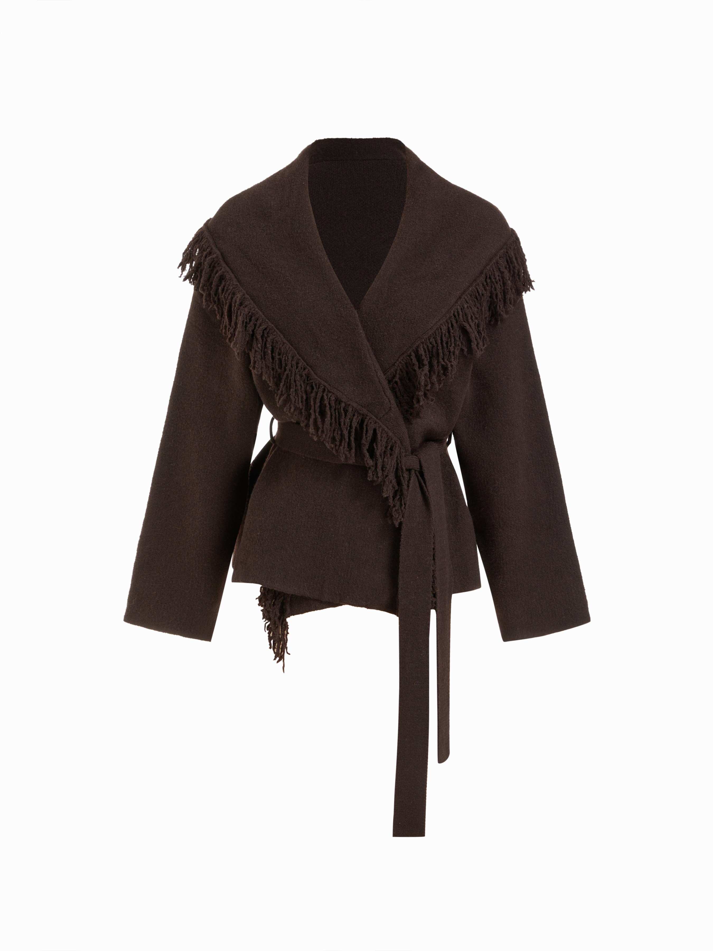 Knit Fabric Fringed Knit Collar Long Sleeve Cardigan With Belt For Work