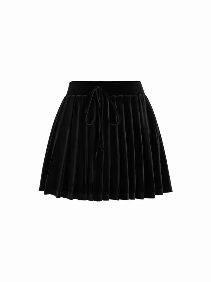 Velvet Mid Rise Pleated Knotted Mini Skirt