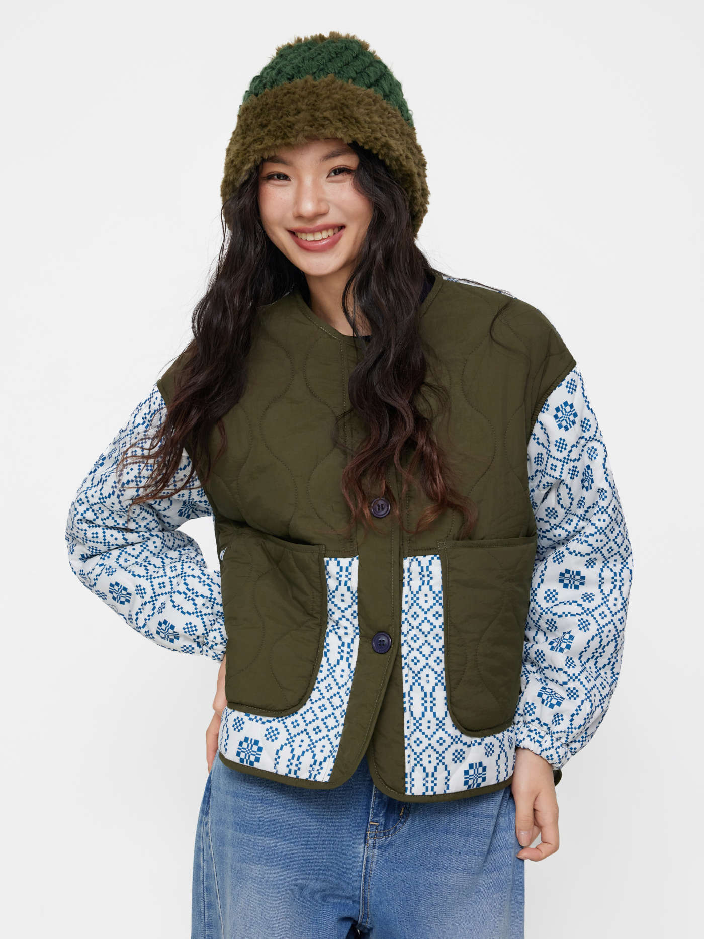 Geometric Two Tone Pocket Quilted Jacket