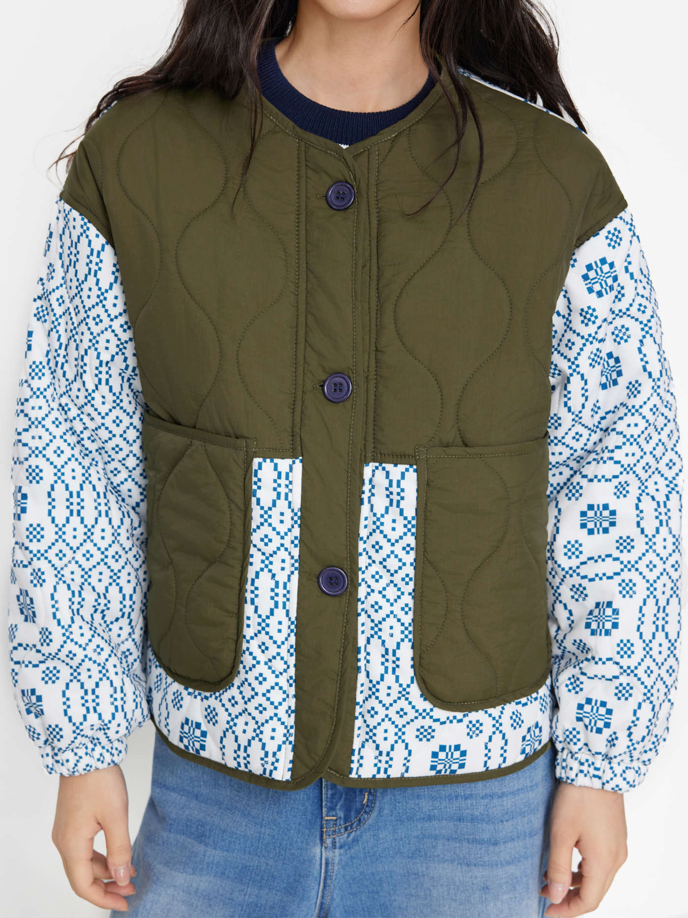 Geometric Two Tone Pocket Quilted Jacket