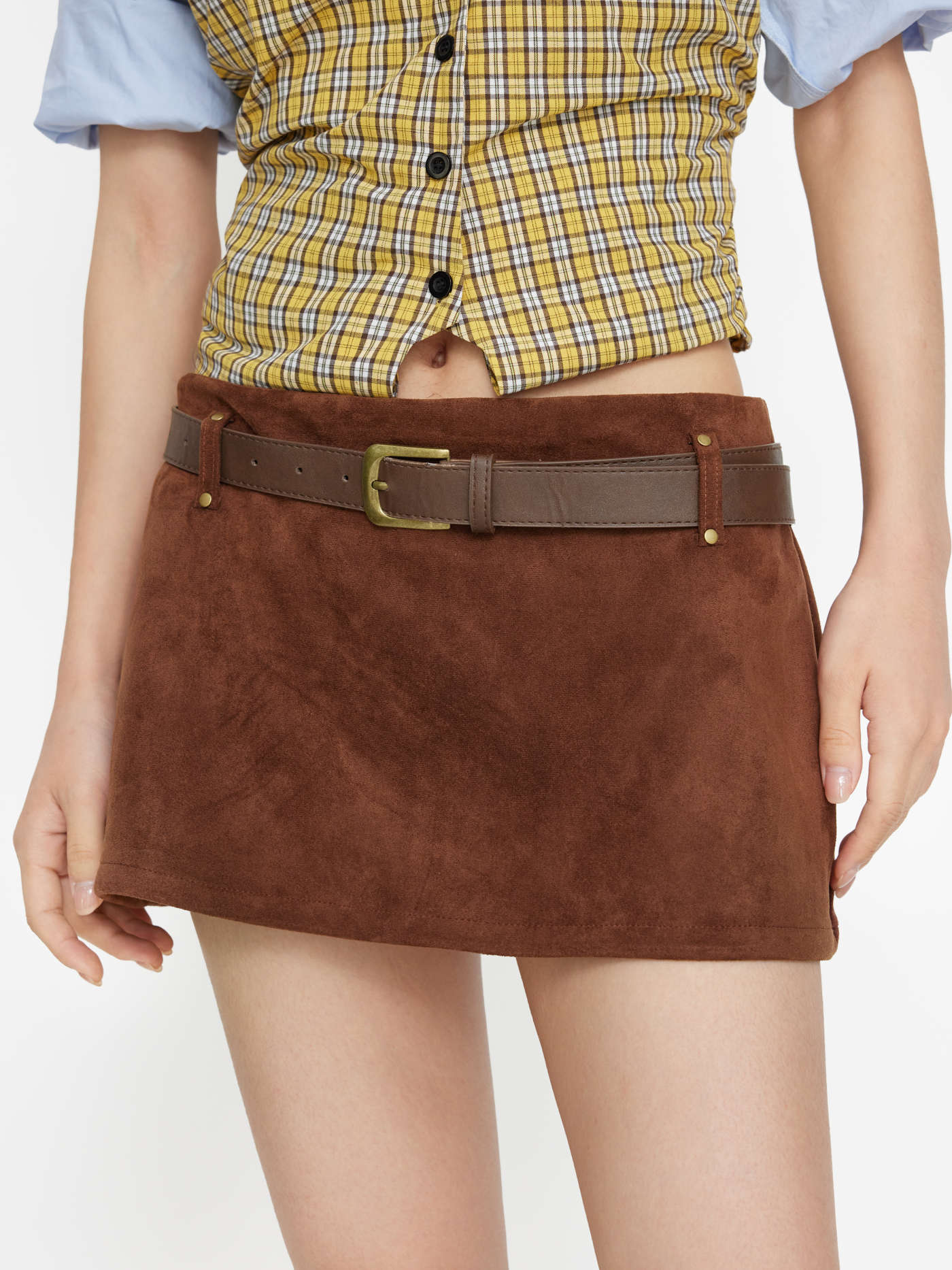 Suede Suede Low Rise Mini Skirt With Belt For Daily Casual
