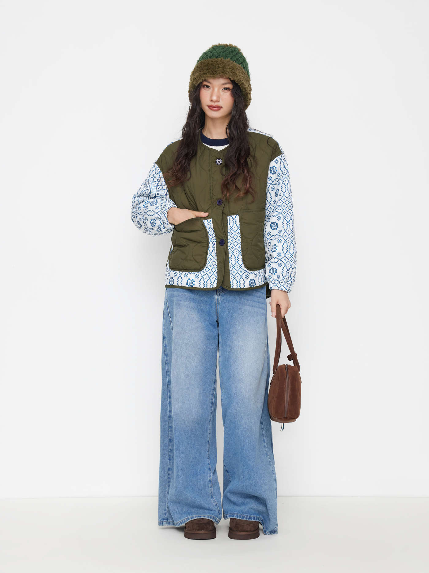 Geometric Two Tone Pocket Quilted Jacket