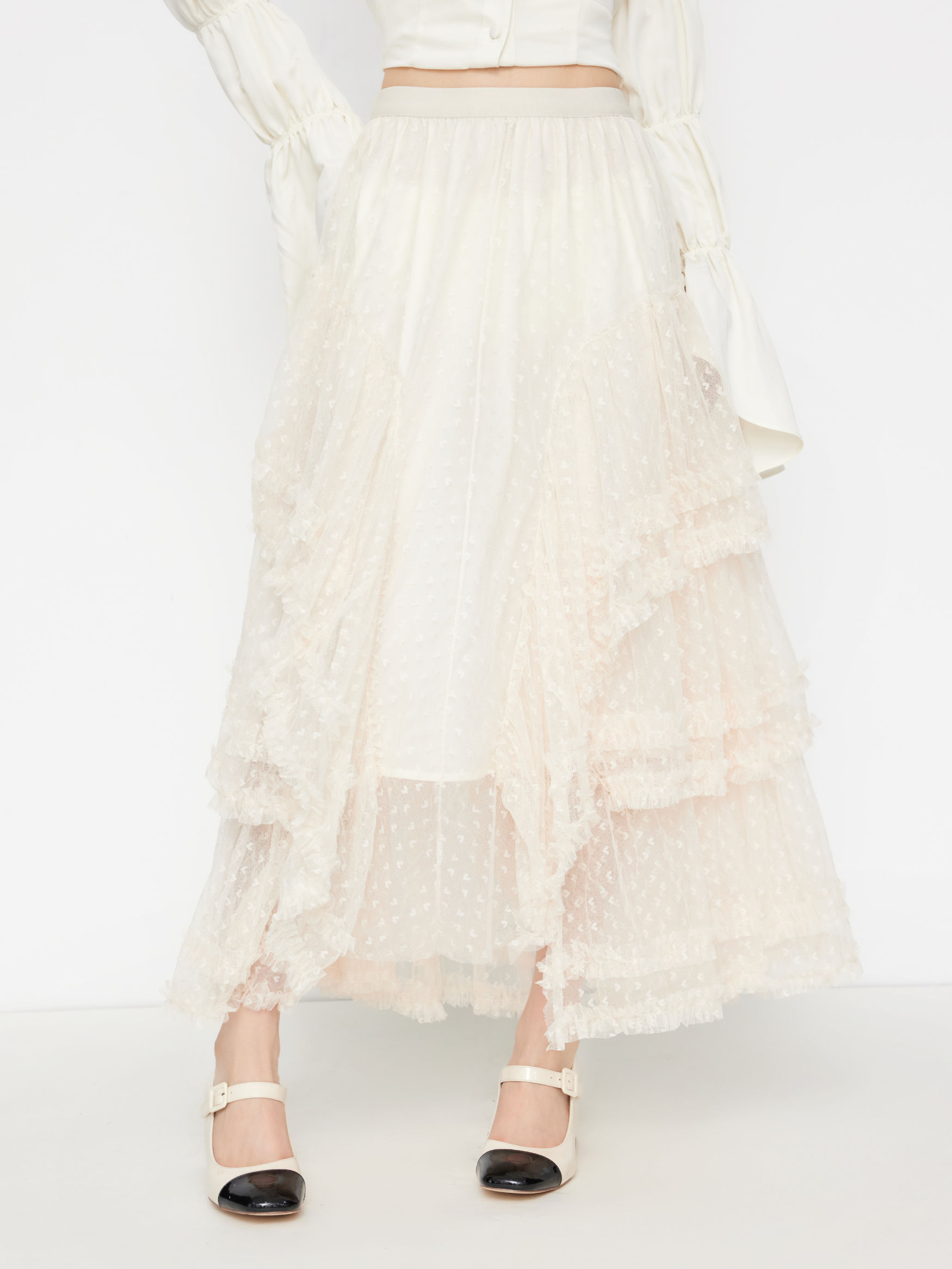 Voluminou Mesh Mid Rise Heart Lettuce Trim Tiered Maxi Skirt