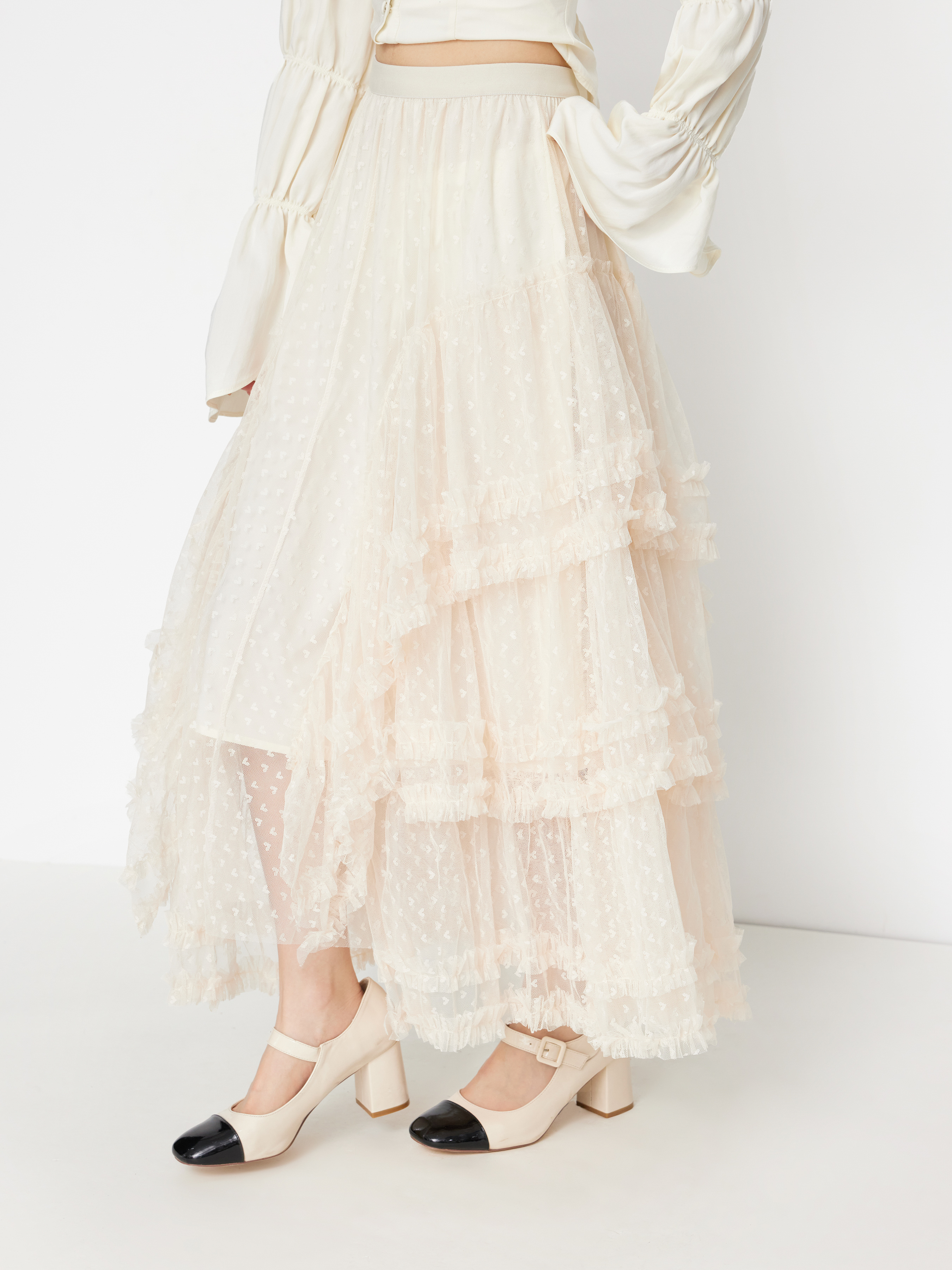 Voluminou Mesh Mid Rise Heart Lettuce Trim Tiered Maxi Skirt