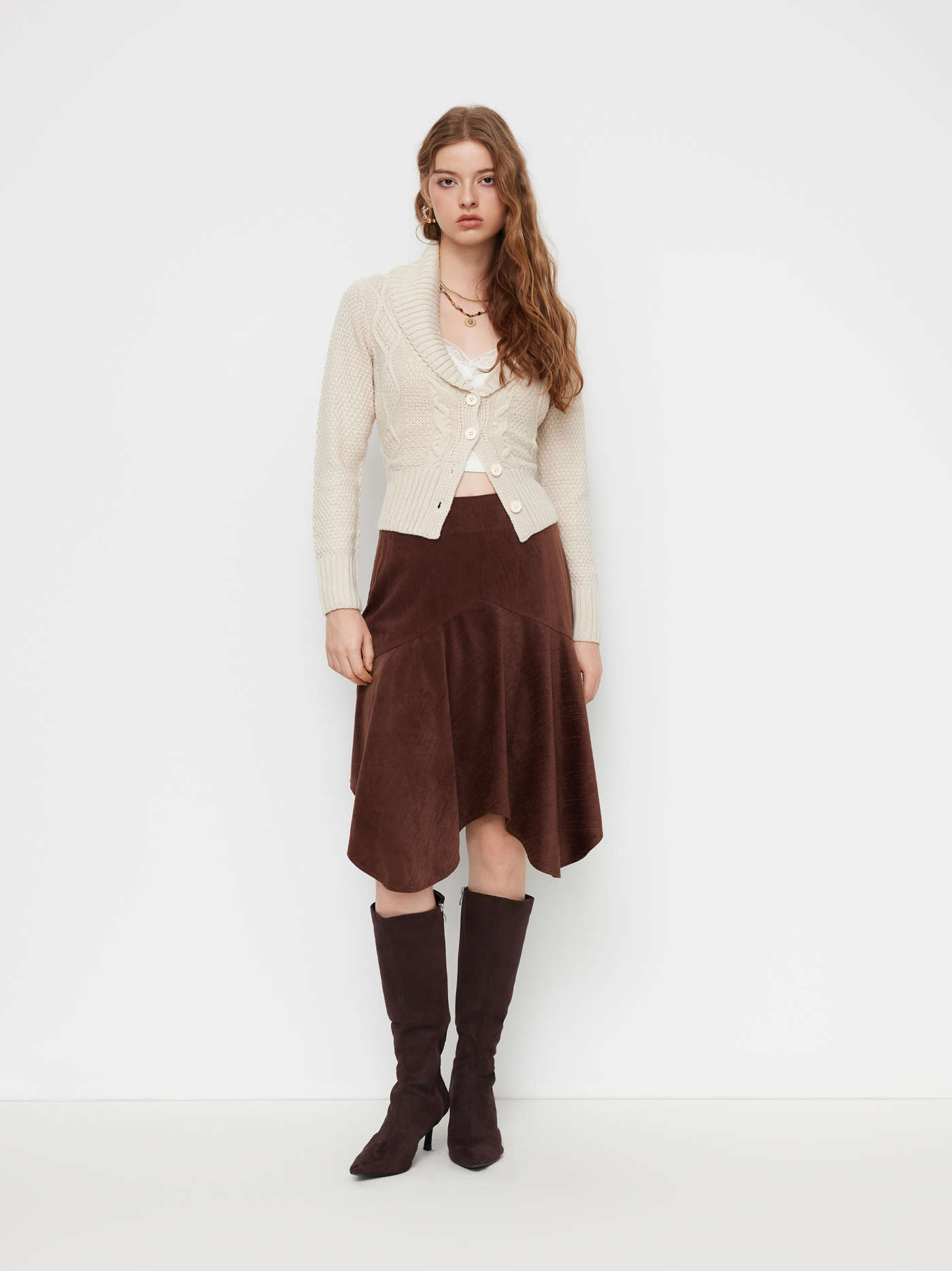 Corduroy Mid Rise Asymmetrical Ruffle Hem Midi Skirt