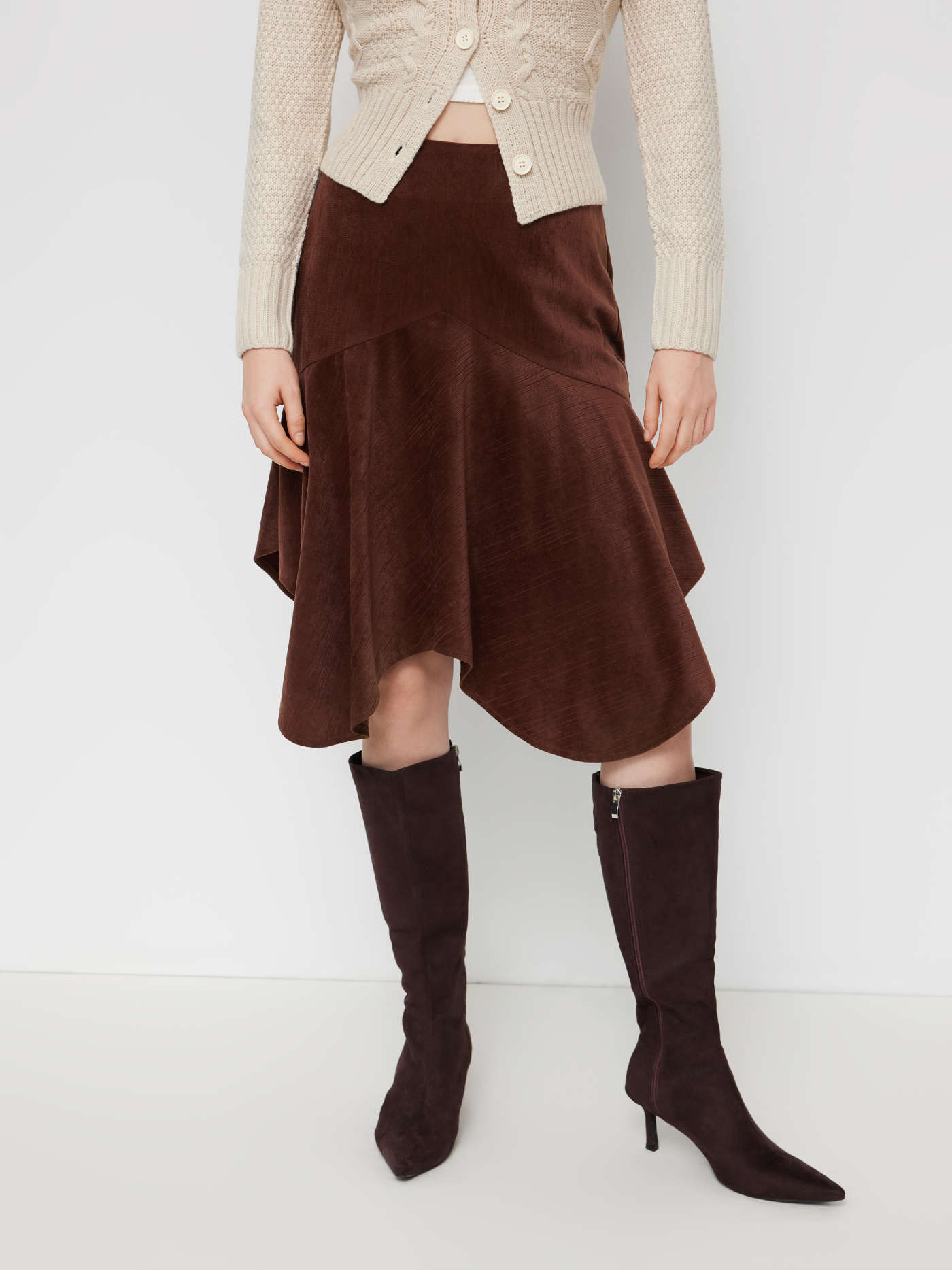 Corduroy Mid Rise Asymmetrical Ruffle Hem Midi Skirt