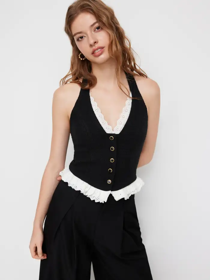 Woven Mandarin Collar Floral Split Ruched Cut Out Tank Top For Date