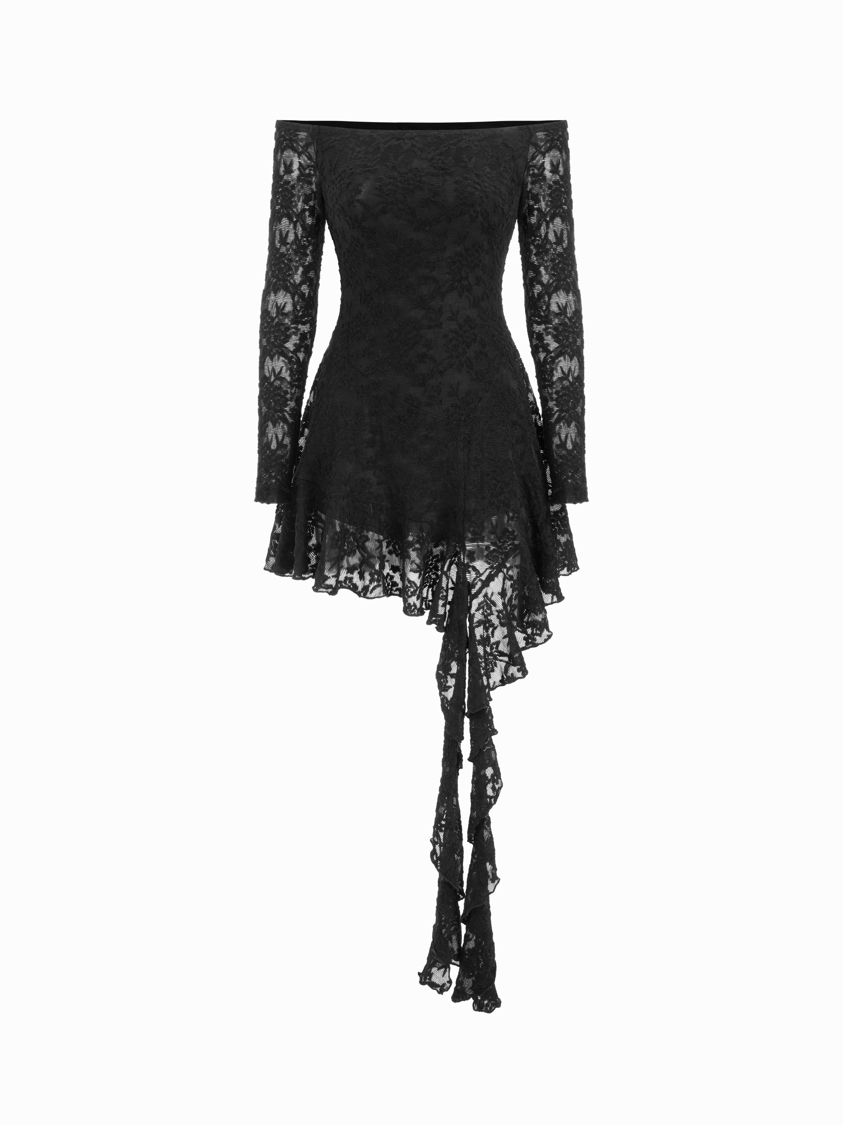 Robe de fête Dentelle Cotton-blend Lace Off-shoulder Floral Ruffle Hem ...