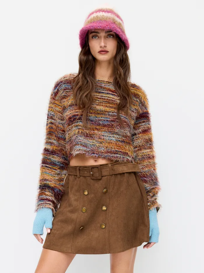 Striped Boat Neck Bell Sleeve Cropped Top