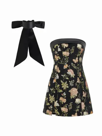 Jacquard Floral Bandeau A-line Mini Dress With Bowknot Scarf