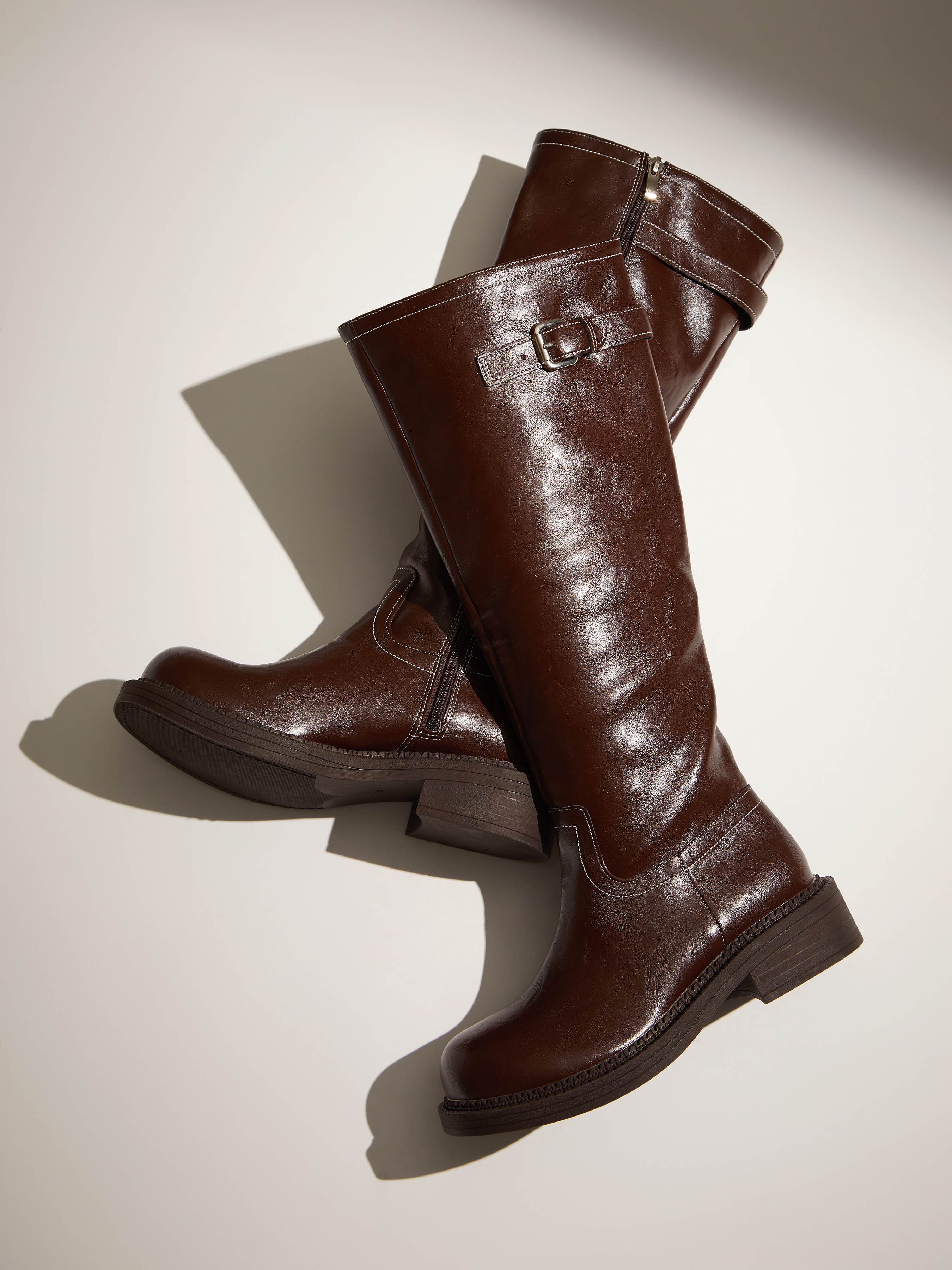 BUCKLE CHUNKY HEELED KNEE HIGH BOOTS