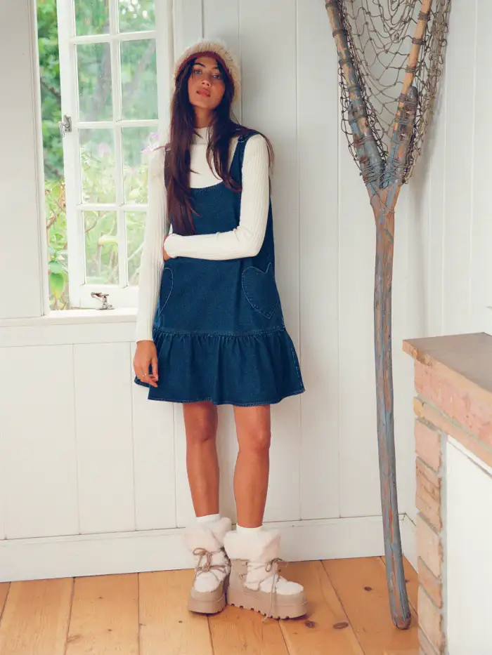 Denim Denim Heart Applique Ruffle Hem Oversized Mini Pinafore Dress For  Daily Casual