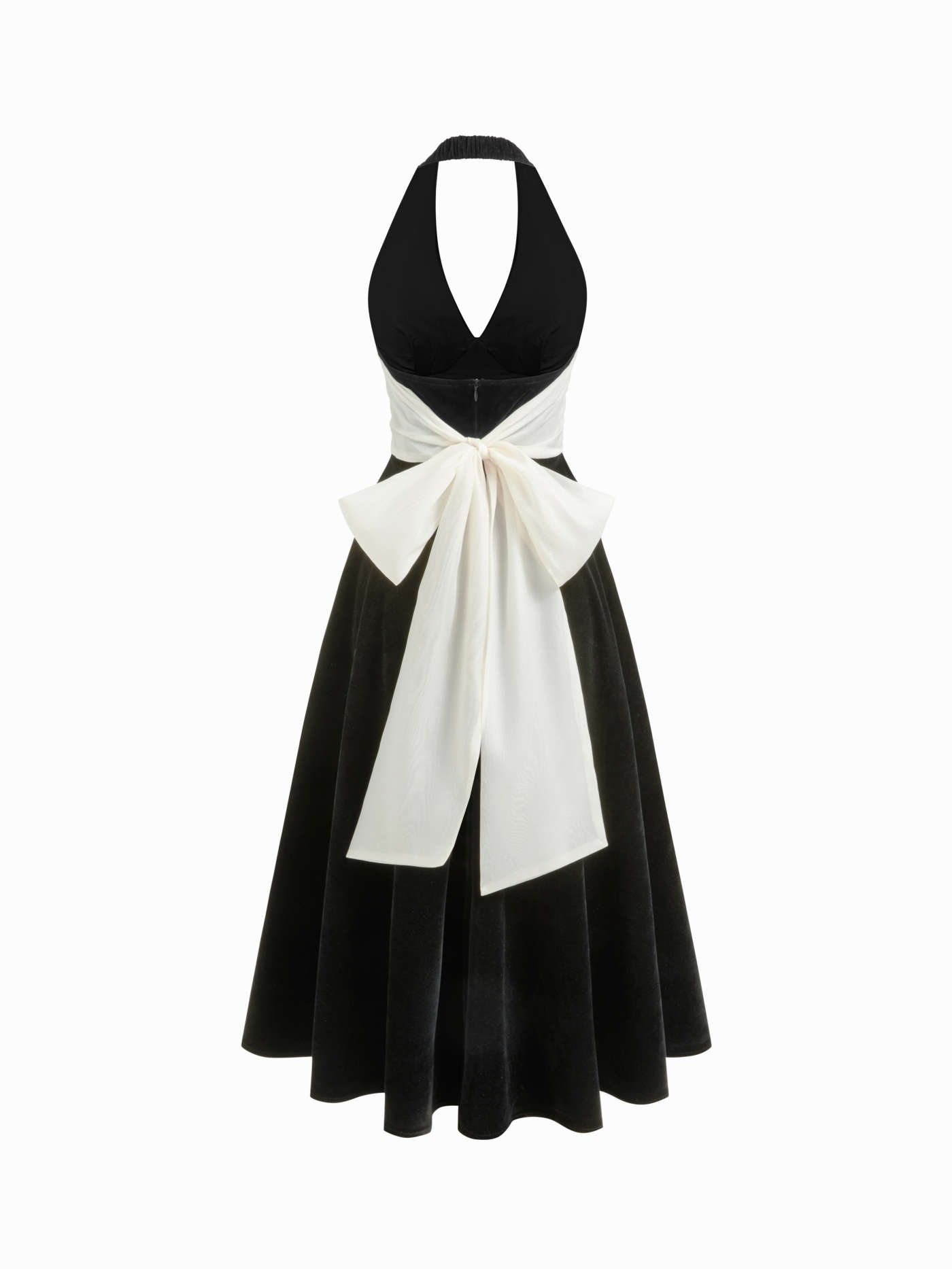 Velvet V-neck Two Tone Bowknot Tie Back Ruffle Maxi Dress