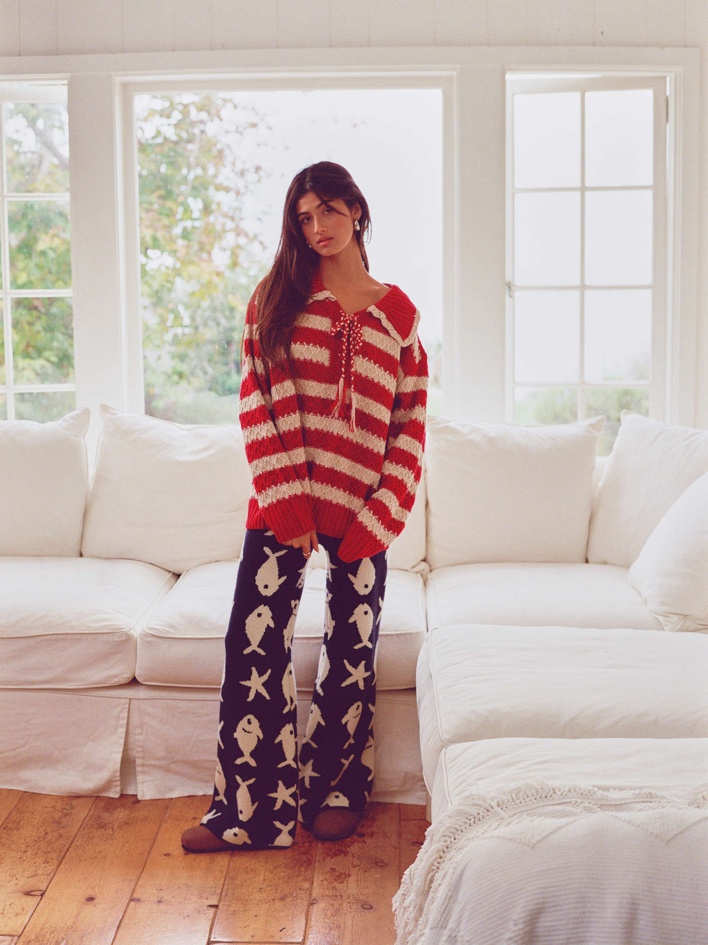 Knit Collar Striped Knotted Oversized Sweater