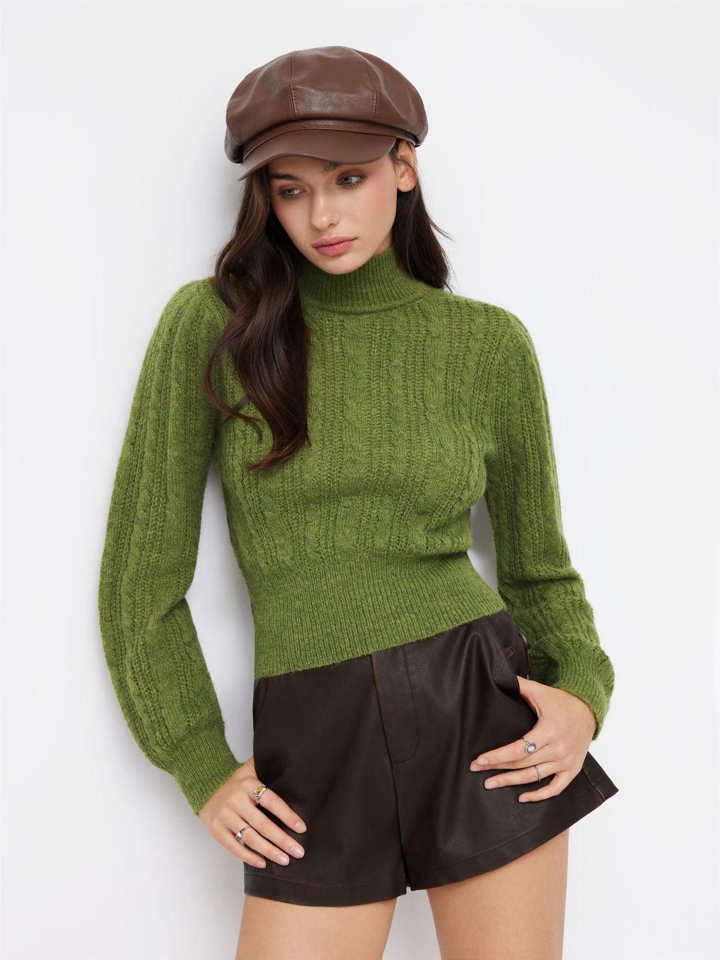 Wool-blend Cable Knit High Neck Solid Long Sleeve Top