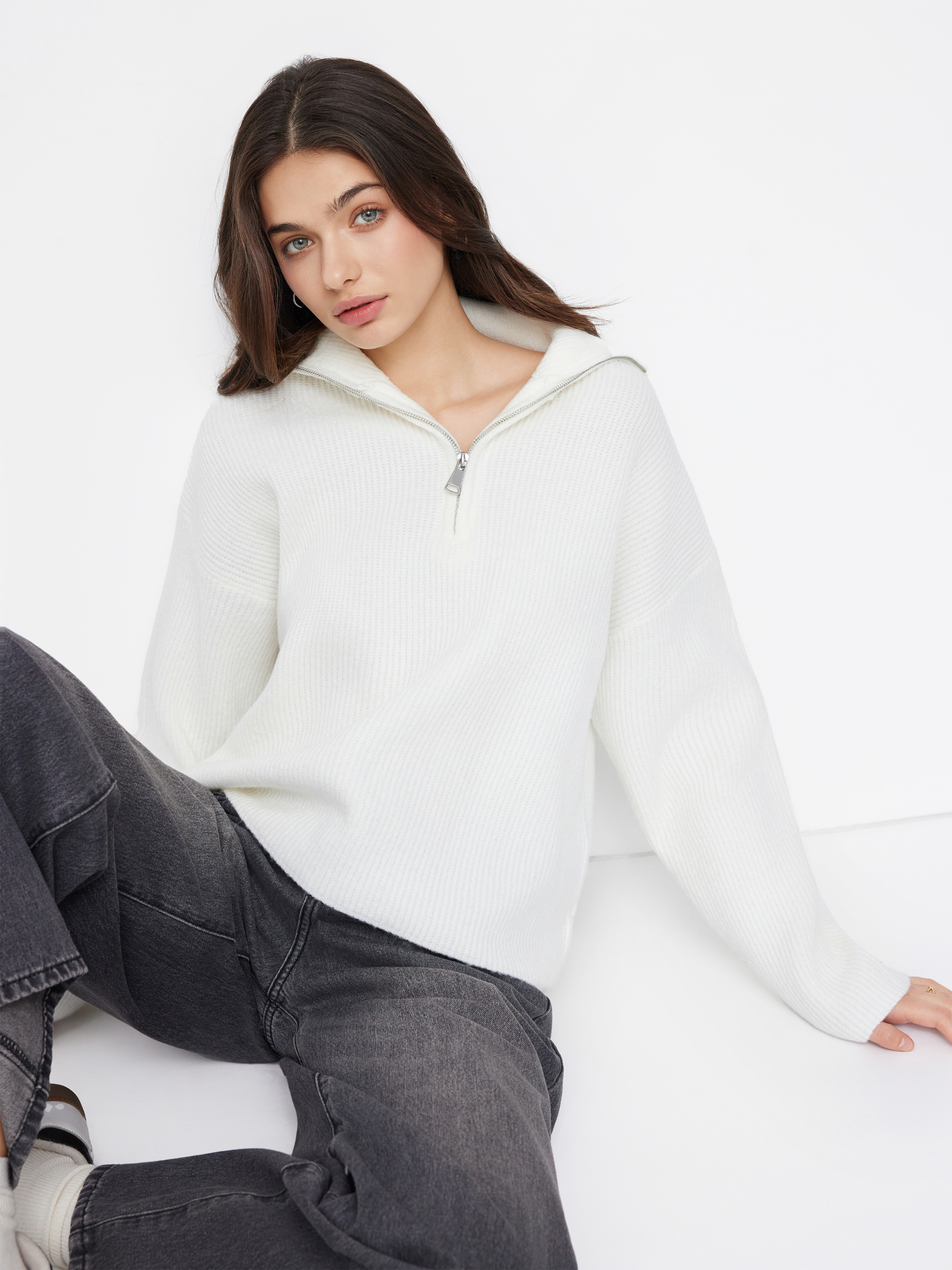 Wool-blend Collar Solid Zipper Knitted Sweater