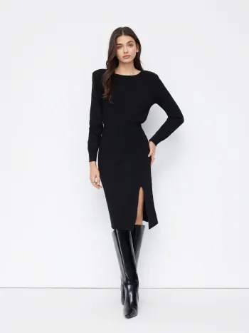 Wool-blend Round Neck Shirred Knitted Midi Dress