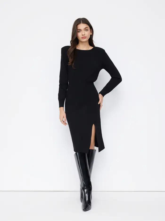 Office Siren Fall Dresses Knit Fabric Wool-blend Round Neck Shirred Knitted  Midi Dress With Shoulder Pads For Daily Casual Coffee Shop Work