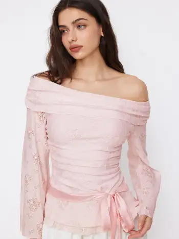 Corduroy Floral V-neck Lace Trim Bowknot Mini Dress