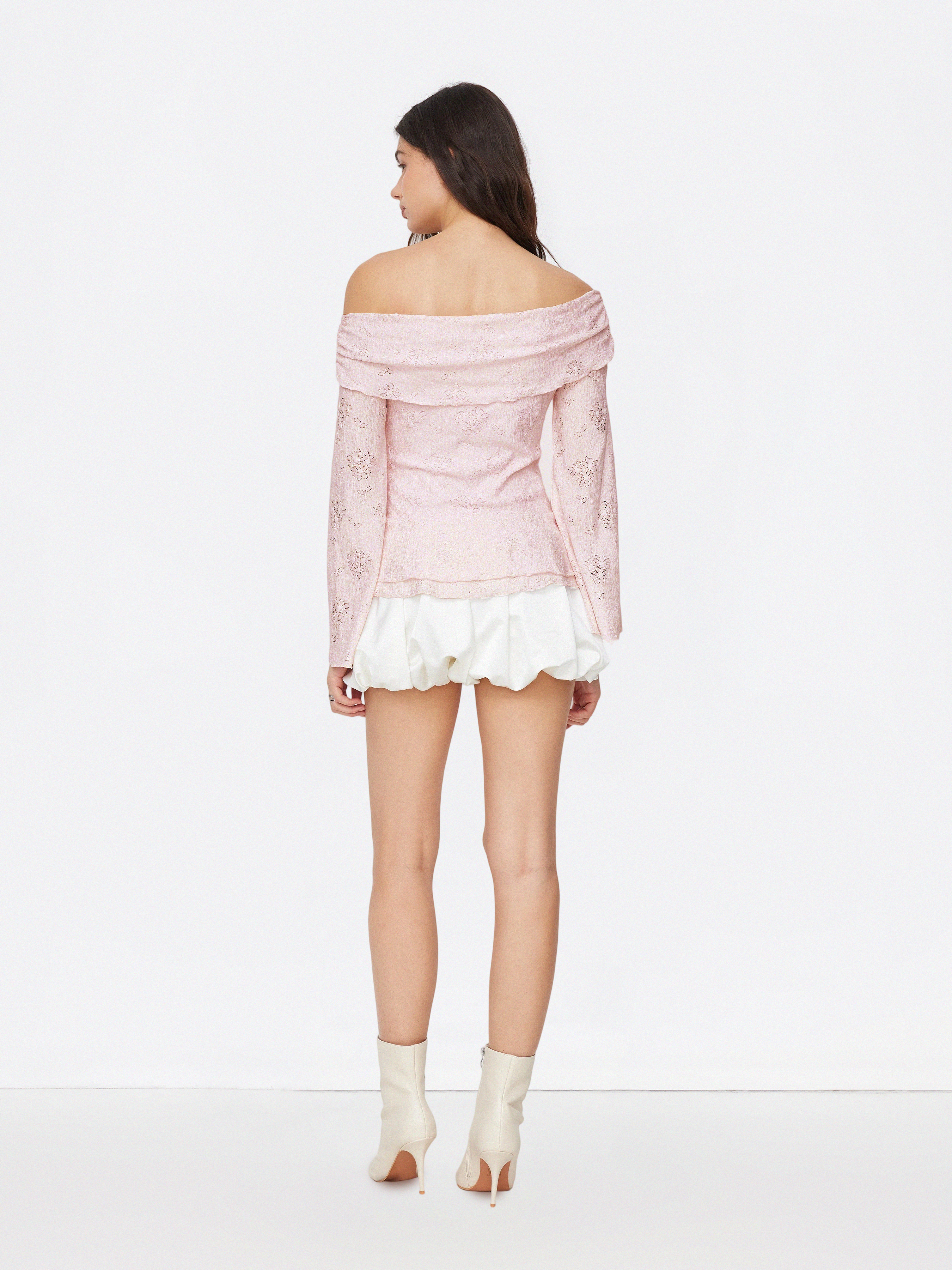 Lace Off-shoulder Floral Knotted Ruched Long Sleeve Top