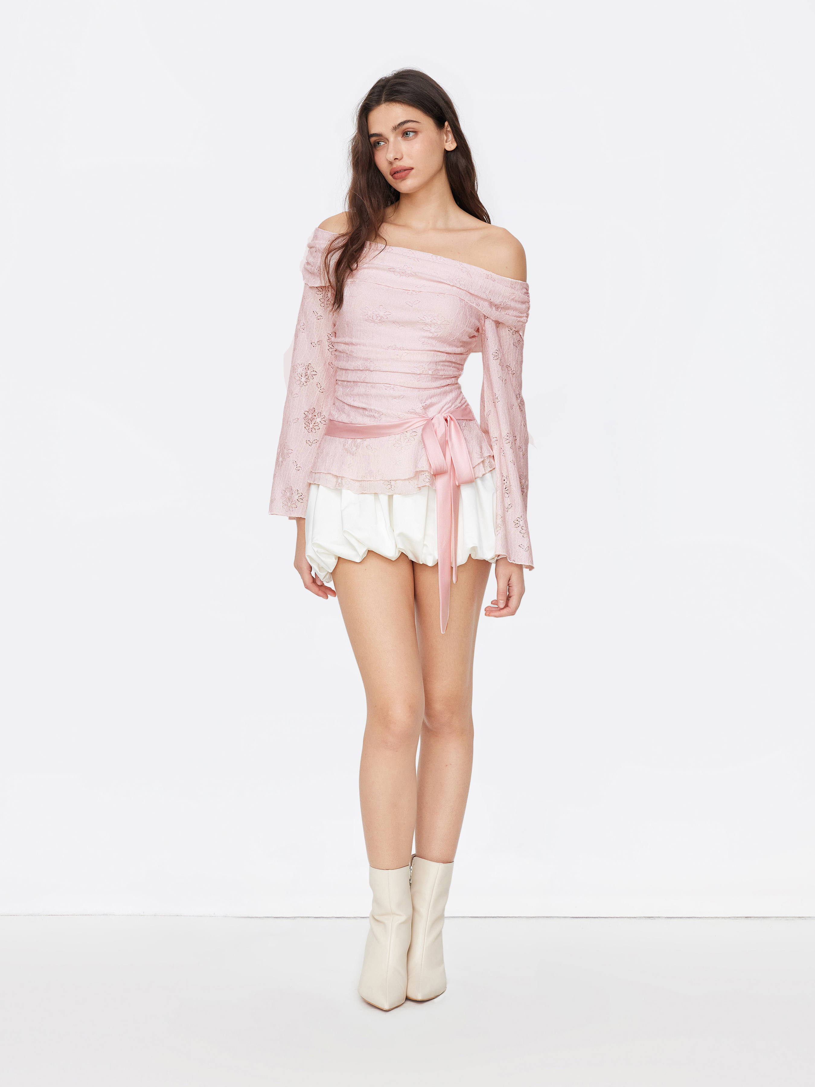 Lace Off-shoulder Floral Knotted Ruched Long Sleeve Top