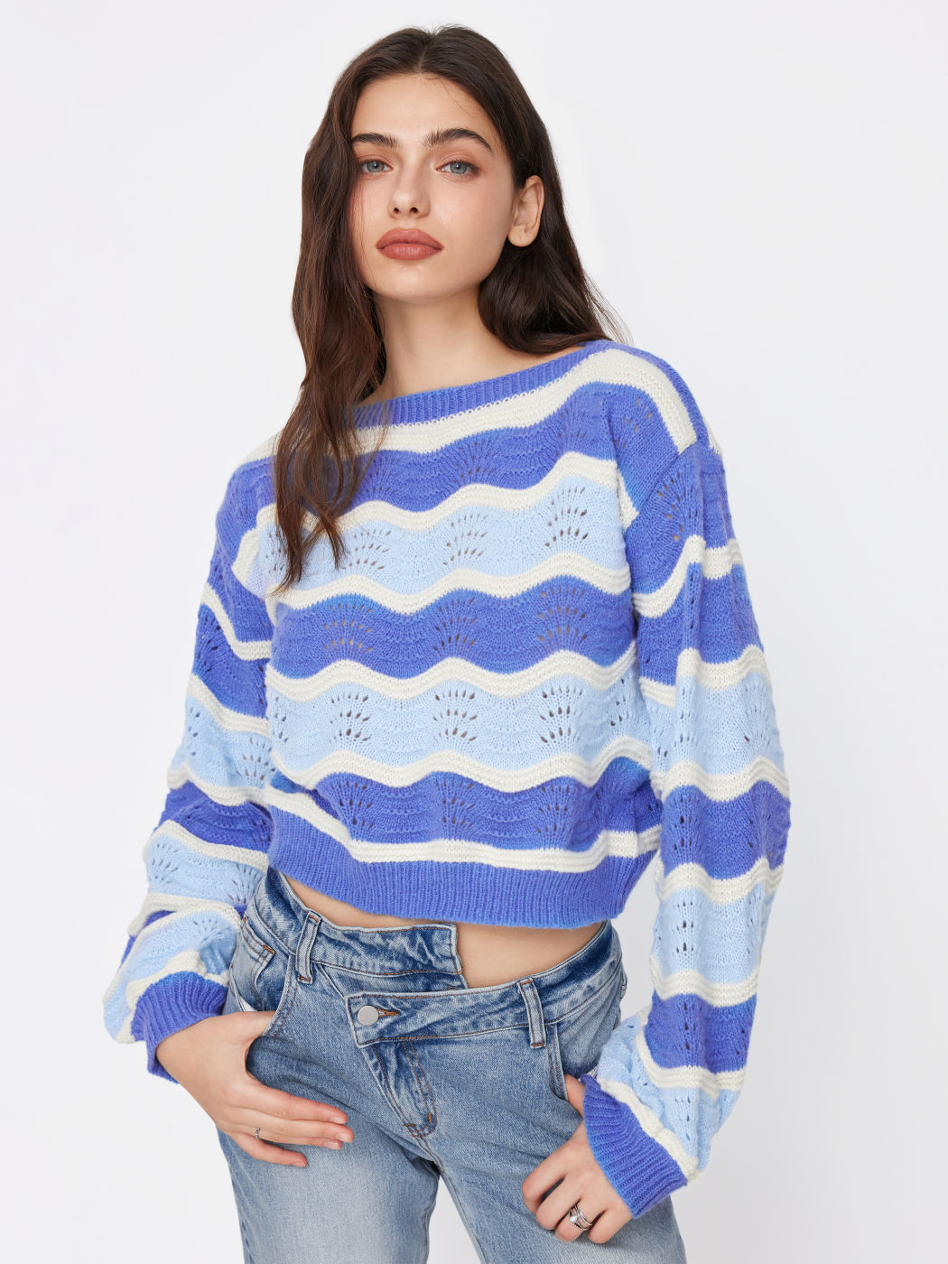 Wave Striped Lantern Sleeve Sweater